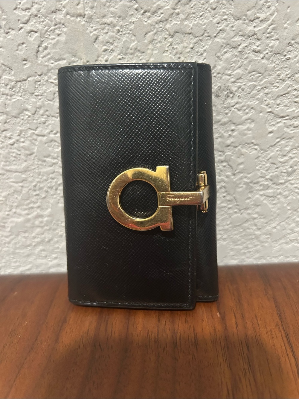 Salvatore Ferragamo Black Leather Key & Card Holder with Gold Gancini